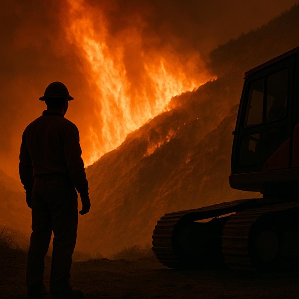 Silhouetted firefighter and bulldozer tracks against a backdrop of a massive, glowing hillside wildfire.