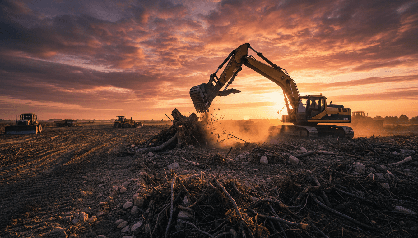 Heavy excavator clearing land at dawn on a large worksite