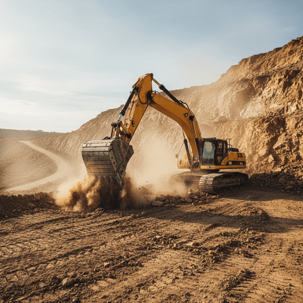 Large excavator cutting into a hillside, bucket full of rocky soil