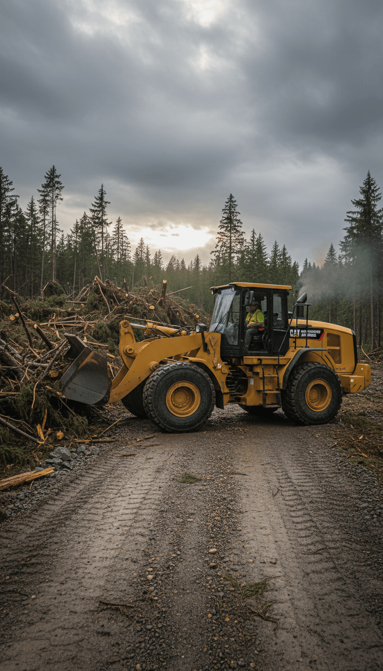 Wheel loader clearing storm debris near dense treeline, showcasing land management expertise.