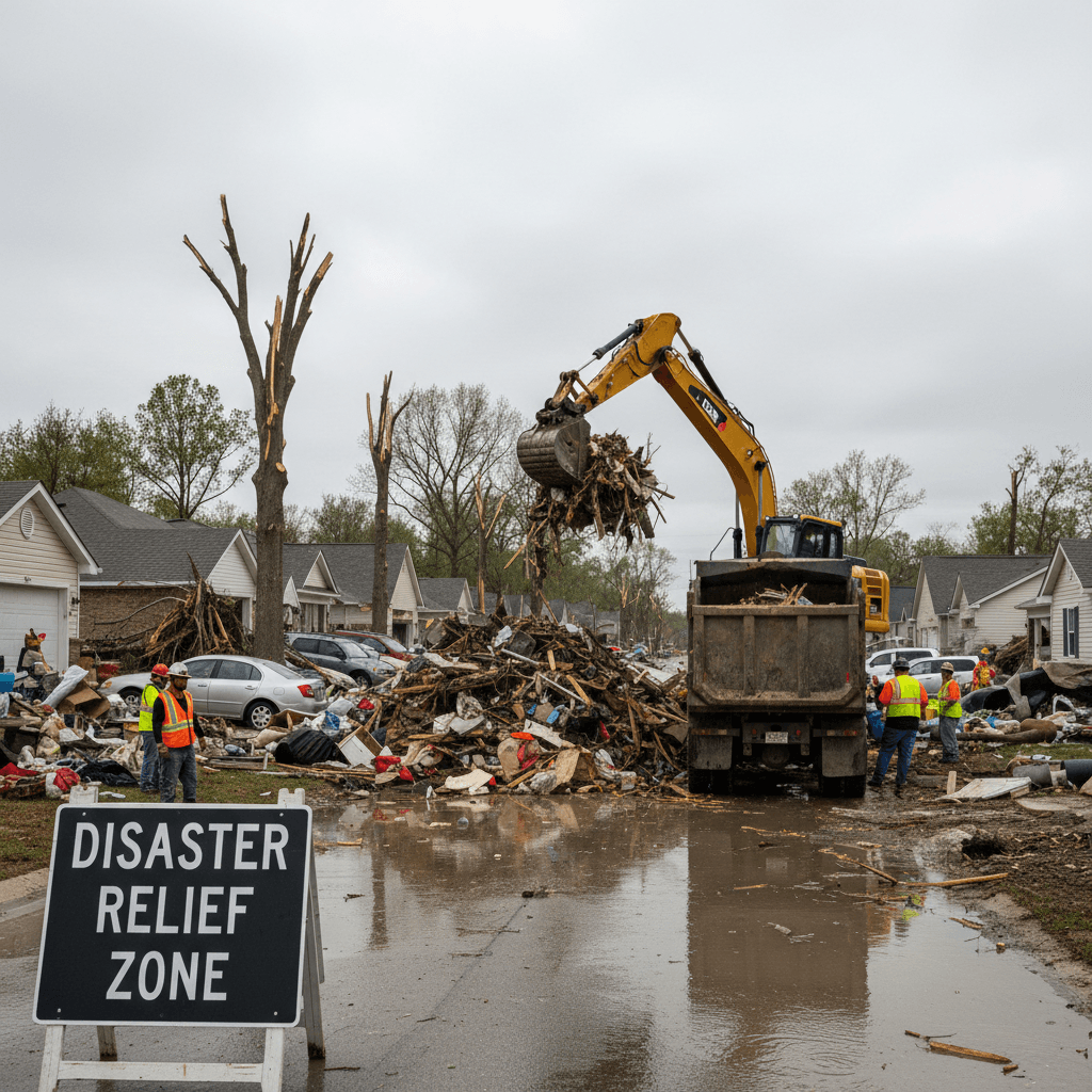 Excavator loading storm debris into a dump truck