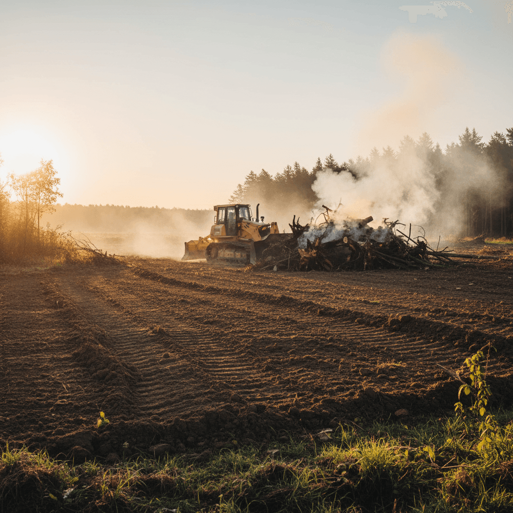 Dozer pushing stumps into a burn pile on cleared land