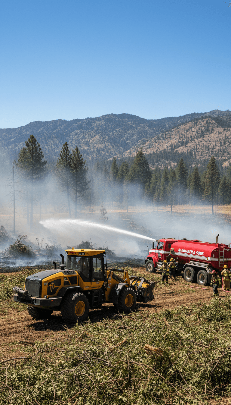 A red water truck sprays water on a smoky forest fire near a yellow loader.