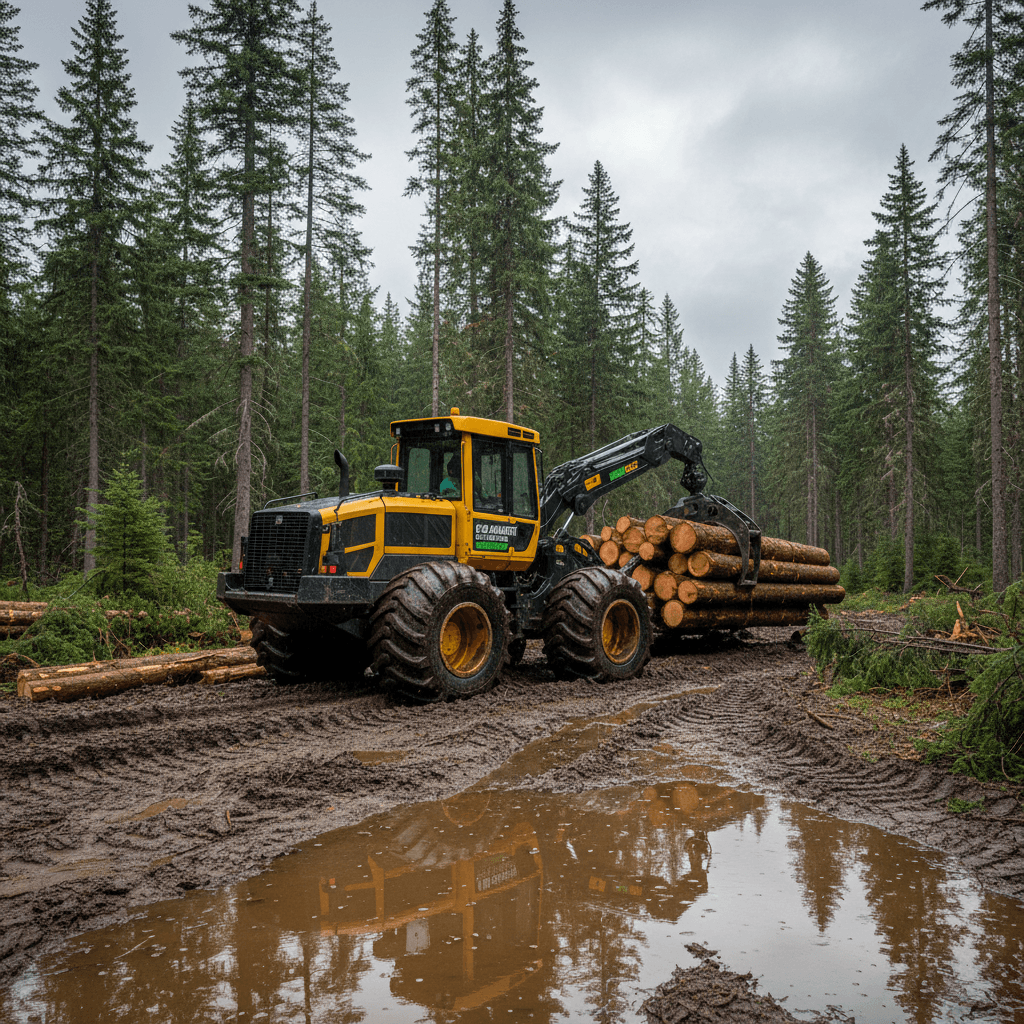 Skidder hauling logs to a landing on a wet logging site