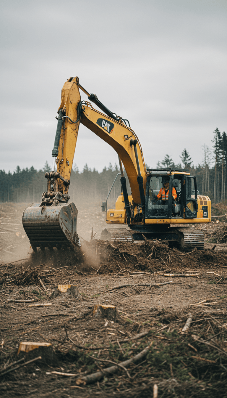Heavy excavator working on a land clearing site