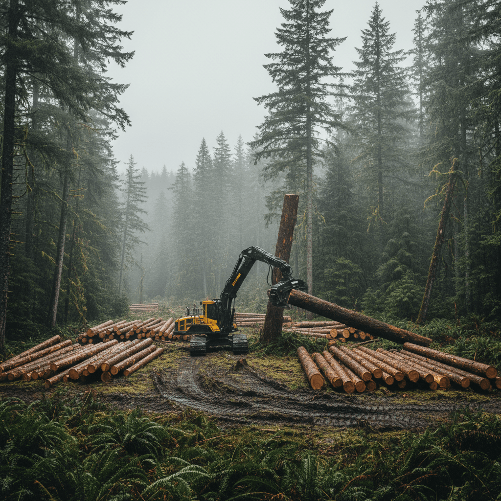 Feller buncher working through dense timber in the Pacific Northwest