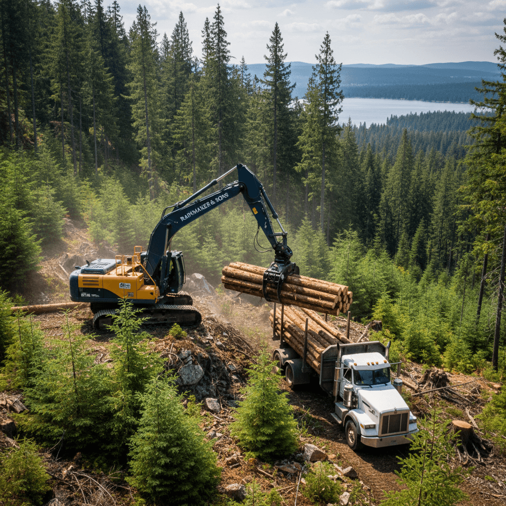 Excavator loading felled timber on a forested hillside near Coeur d'Alene