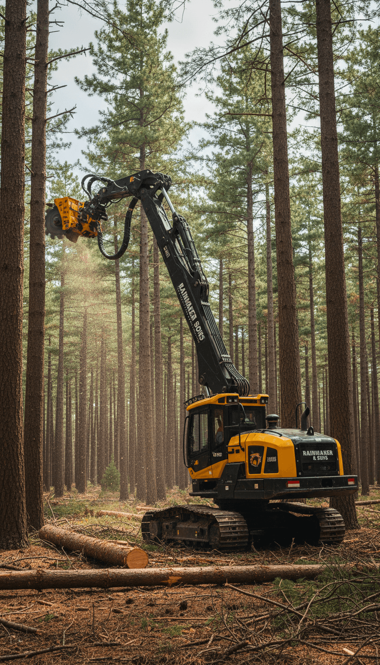 Feller buncher operating among tall pine trees in a dense forest