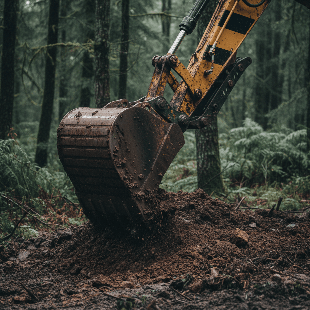 Excavator bucket in a forest clearing