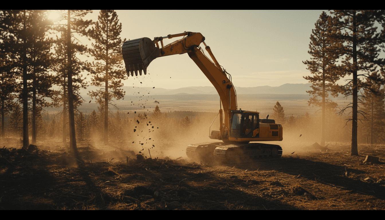 Heavy excavator moving earth on a large construction site