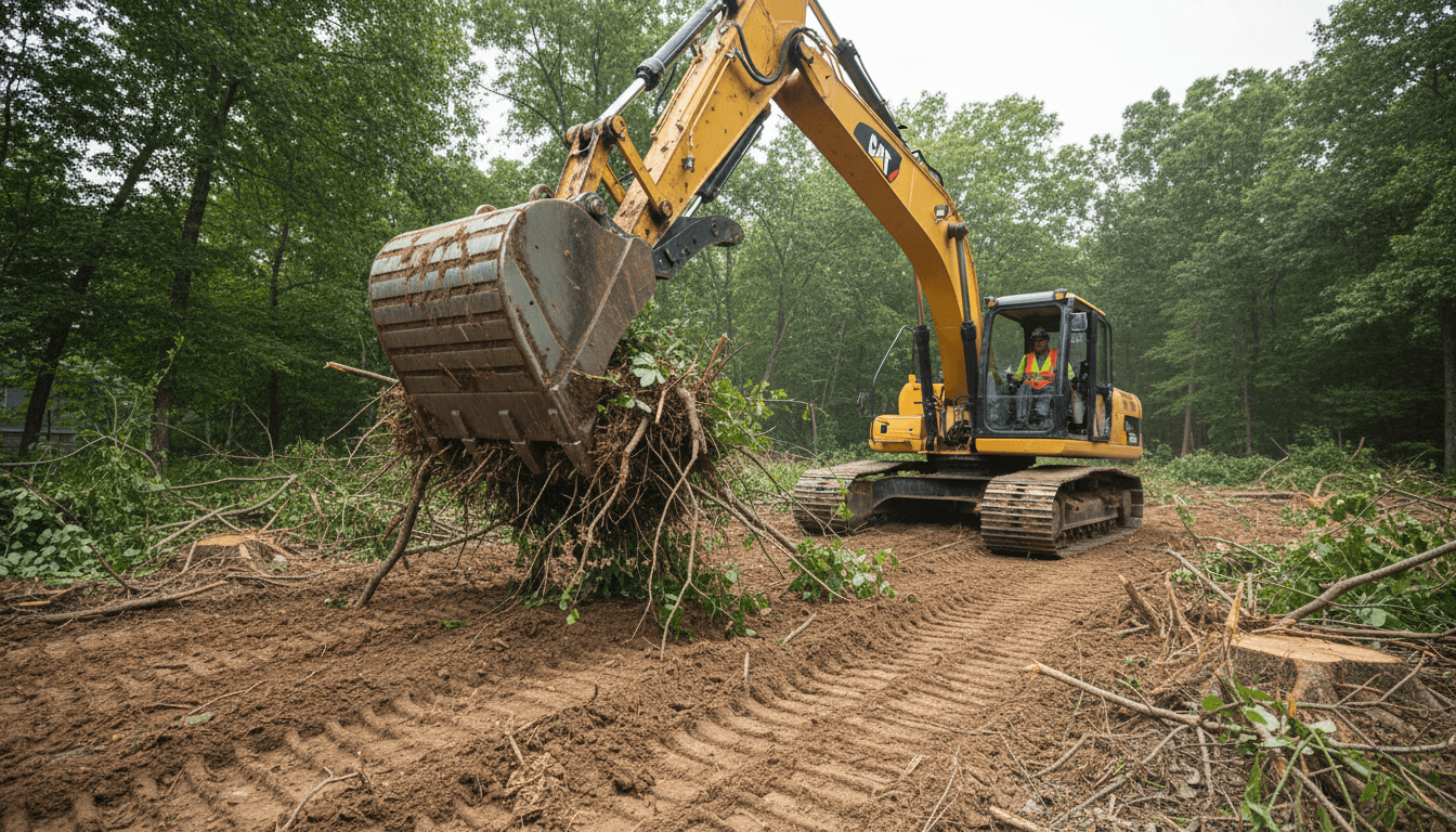 Excavator bucket actively scooping uprooted vegetation and soil from cleared residential lot during land clearing operation