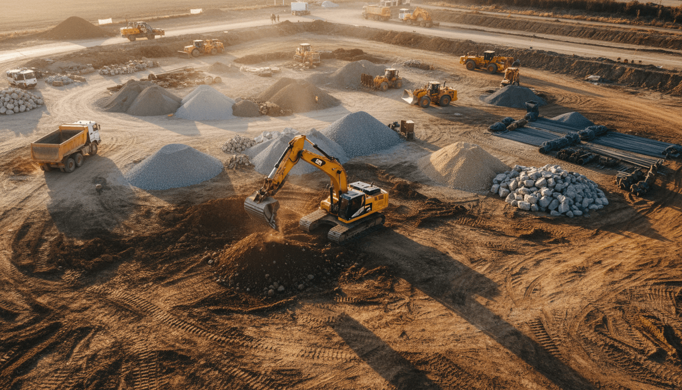 Excavator digging on a forest clearing site with stacked logs in the background