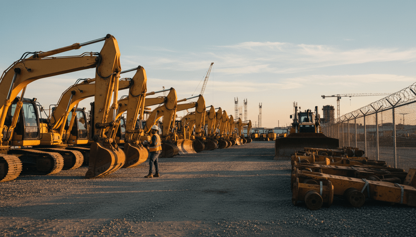 Outdoor equipment yard with organized rows of heavy construction machinery and excavators under golden hour lighting