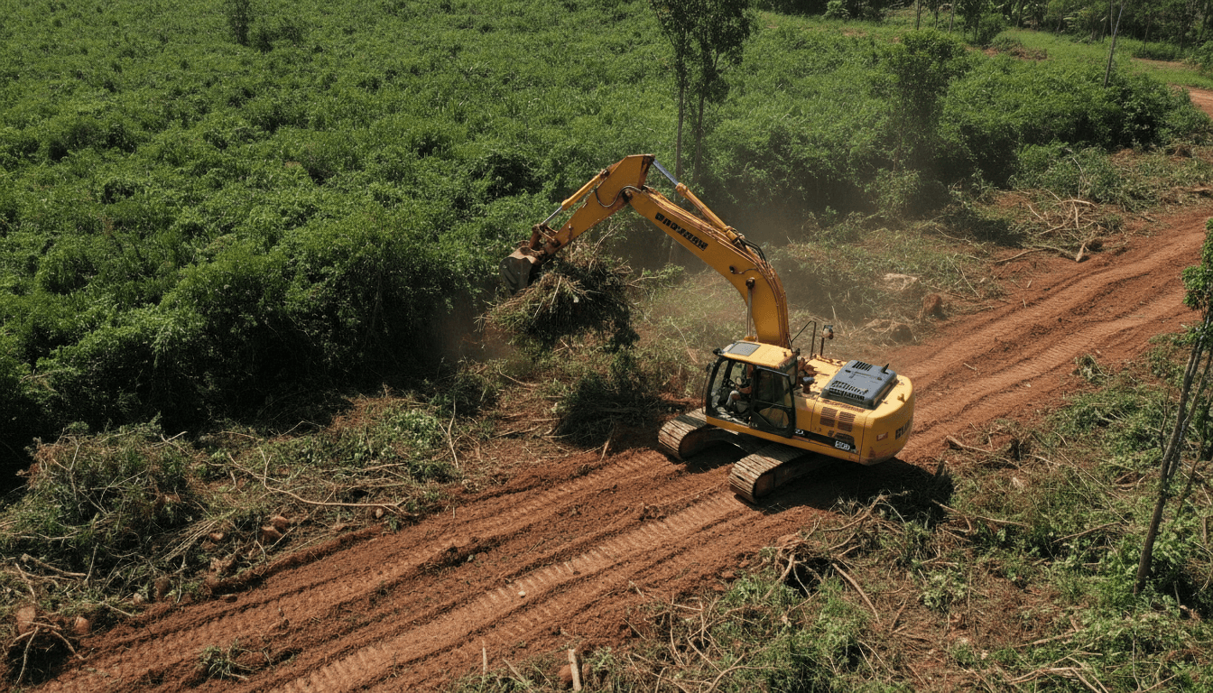 Yellow excavator actively clearing dense brush and vegetation from sloped terrain during daytime site preparation work