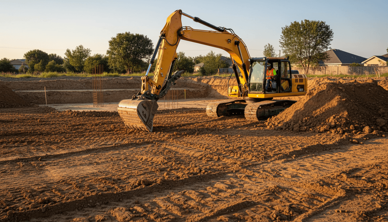 Large excavator operating at active excavation site, grading soil on residential property during golden hour sunlight