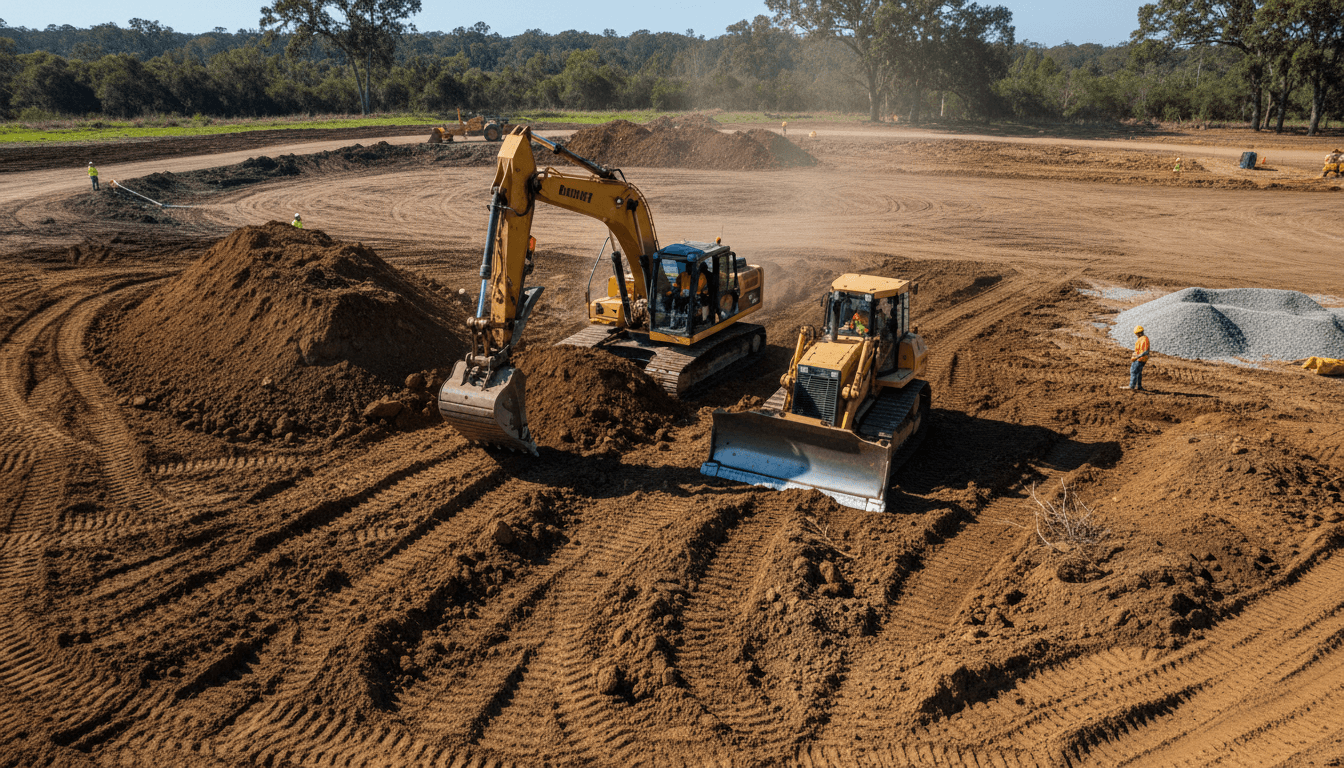 Overhead view of active excavation site with bulldozer and excavator moving earth during landscape development project